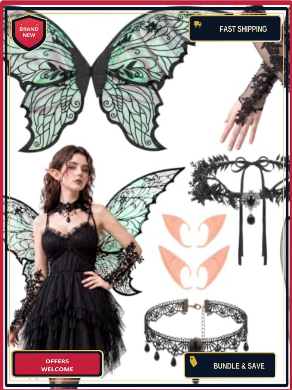 7 Pc Dark Fairy Costume Accessories Set Women Gothic Halloween Wings Ears Tights